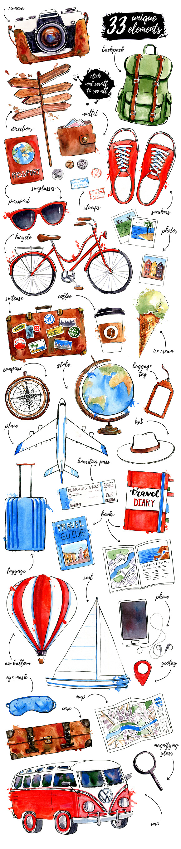 Travel Addiction watercolor sketches in Illustrations - product preview 1