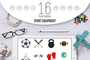 Sport equipment icons set, flat  