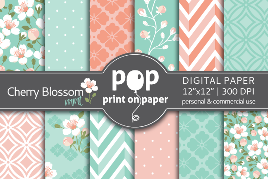 Cherry Blossom Mint & Peach in Patterns - product preview 8