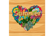 Doodle flowers heart on wood