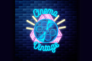 Vintage cinema emblem glowing 