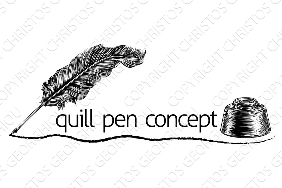 Quill Pen Feather and Inkwell