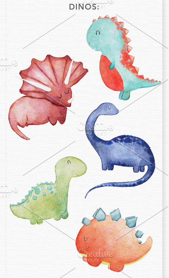 Watercolor Dinosaur Clipart Graphics in Illustrations - product preview 1