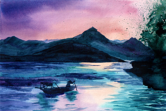 Set of watercolor landscapes in Illustrations - product preview 5