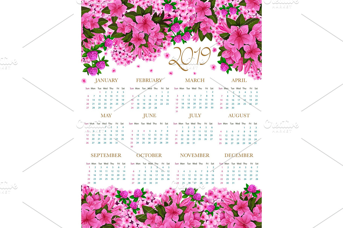 2019 calendar of spring pink flowers in Illustrations - product preview 8