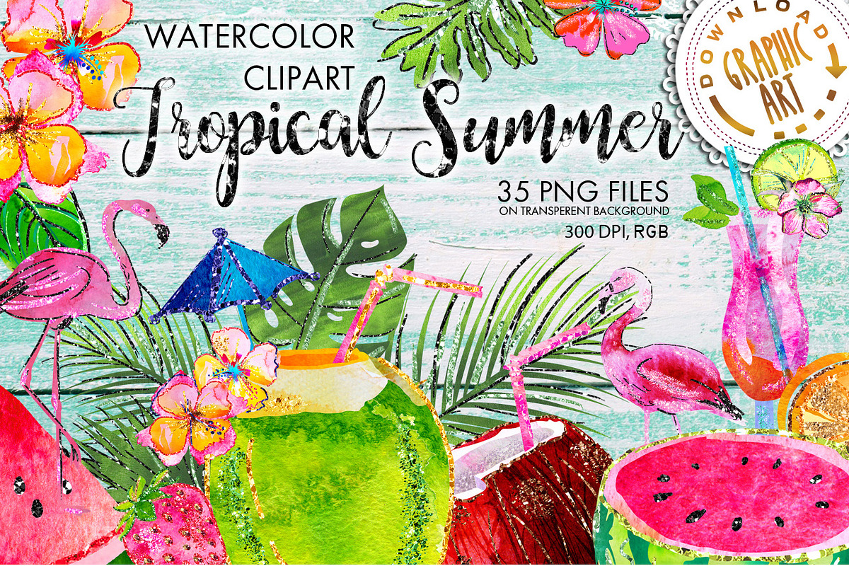 Tropical Summer Clip Art  in Illustrations - product preview 8