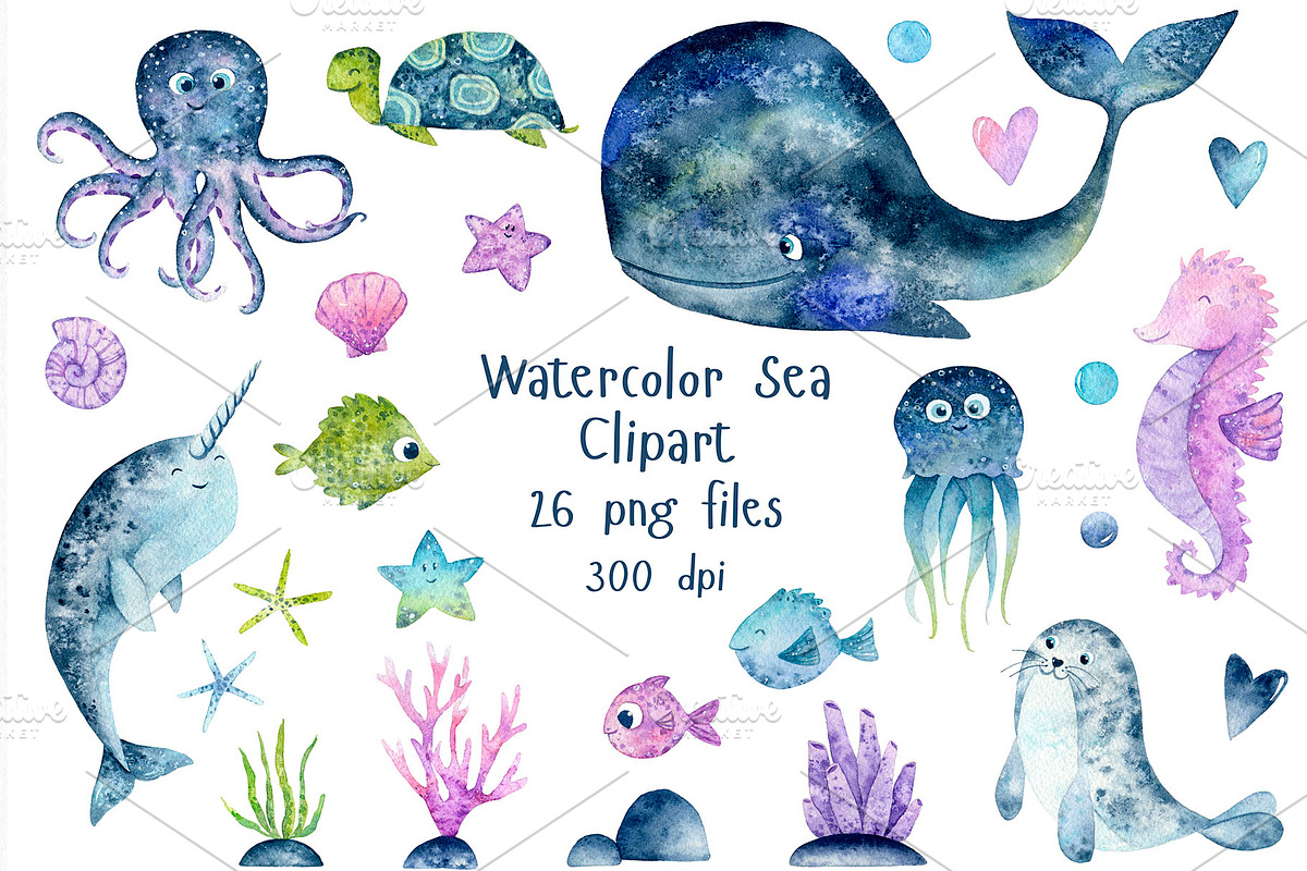 Sea Watercolor Clipart in Illustrations - product preview 8