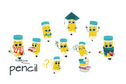 Cute pencil cartoon characters set