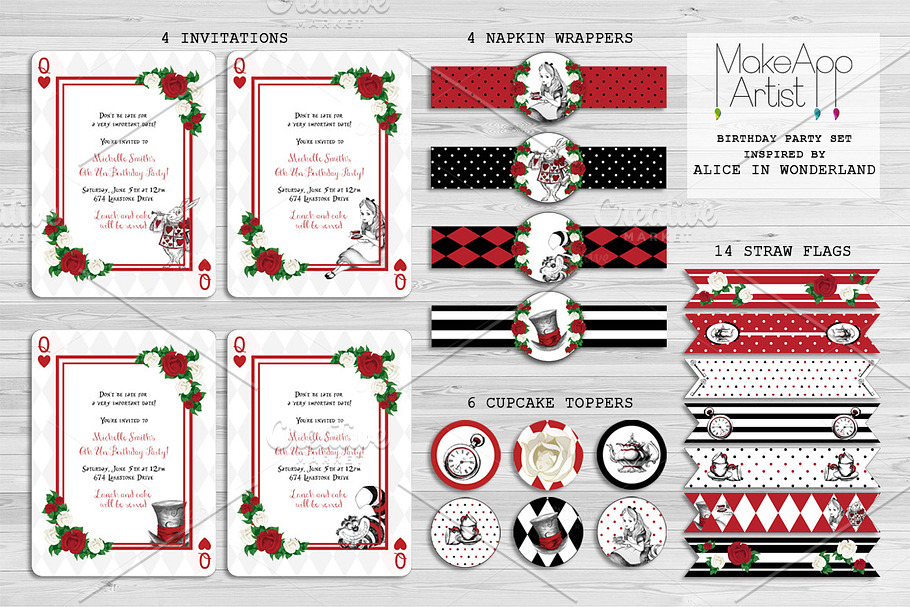 Alice In Wonderland Birthday set in Card Templates - product preview 8