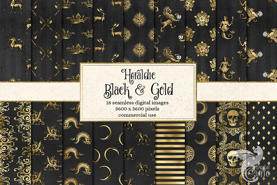 Heraldic Black & Gold Digital Paper in Patterns - product preview 8