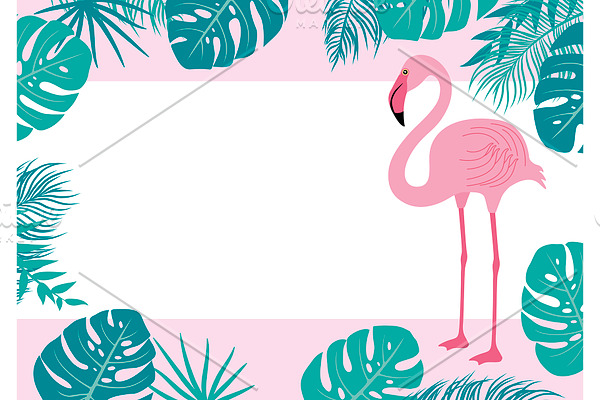 Flamingo and tropical leaves