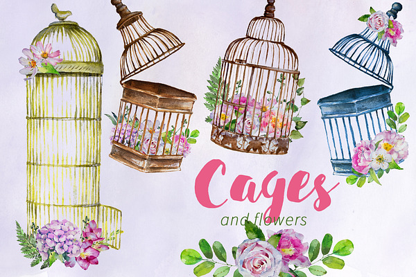 Watercolor Cages and Flowers Clipart