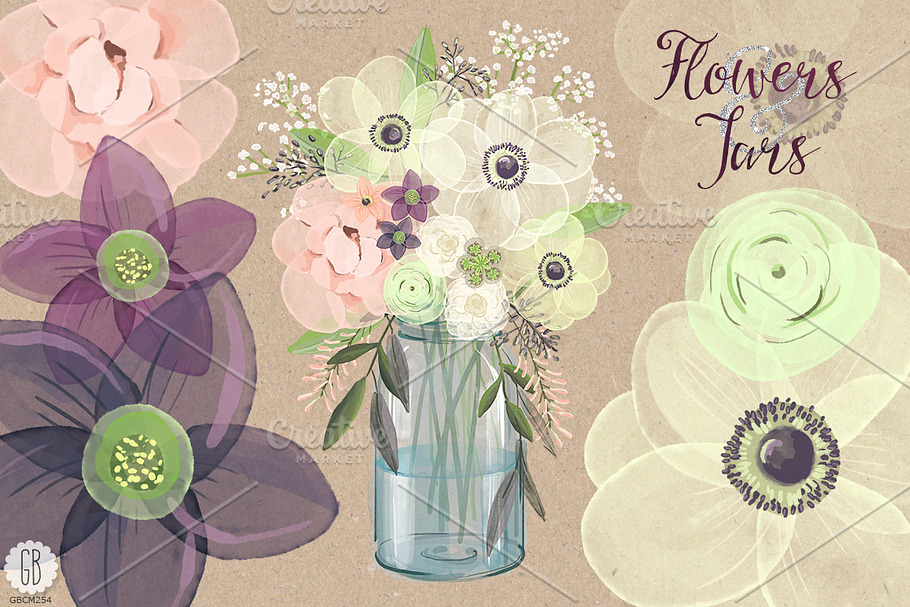 Watercolor anemones baby breath jar in Illustrations - product preview 8