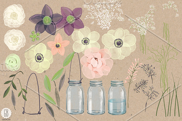 Watercolor anemones baby breath jar in Illustrations - product preview 3
