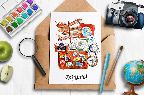 Travel Addiction watercolor sketches in Illustrations - product preview 6