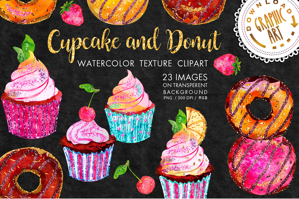 Cupcake and Donut Clip Art  in Illustrations - product preview 8