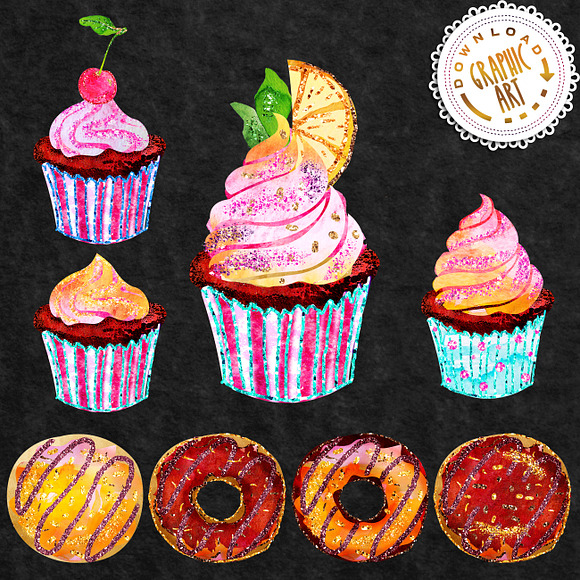 Cupcake and Donut Clip Art  in Illustrations - product preview 1