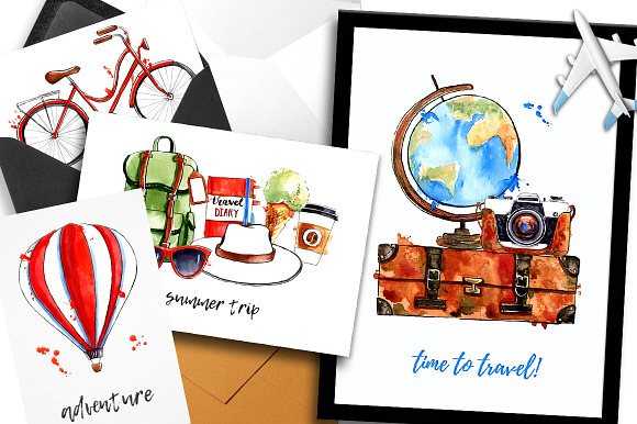 Travel Addiction watercolor sketches in Illustrations - product preview 7