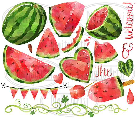 Watercolor Watermelon Clipart in Illustrations - product preview 1