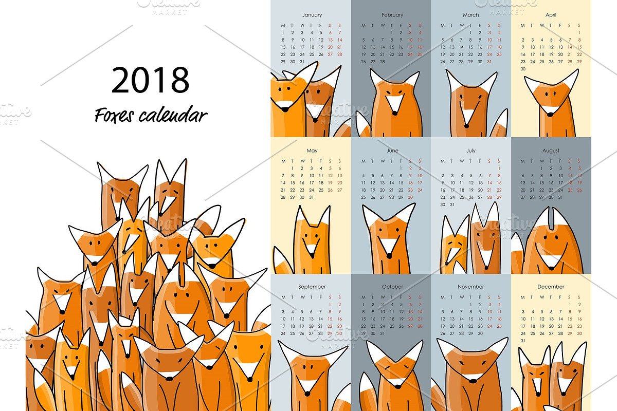 Funny foxes, calendar 2018 design in Illustrations - product preview 8
