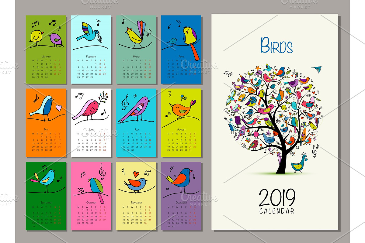 Birds tree, calendar 2019 design in Illustrations - product preview 8