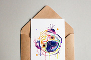 Watercolor rainbow pug portrait 