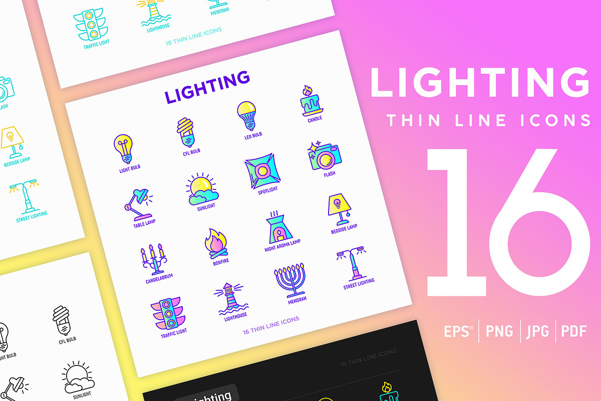 Lighting | 16 Thin Line Icons Set in Graphics - product preview 8