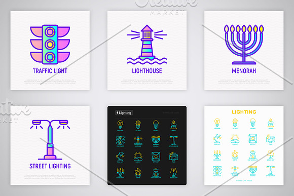 Lighting | 16 Thin Line Icons Set in Graphics - product preview 5
