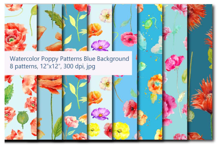 Watercolor poppy Patterns Blue Theme in Patterns - product preview 8