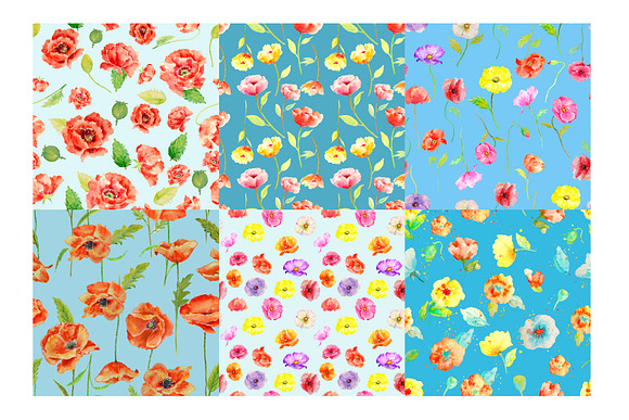 Watercolor poppy Patterns Blue Theme in Patterns - product preview 3