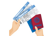 Passports and tickets to airplane in
