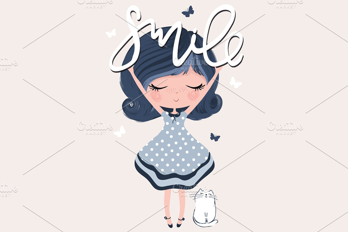 Cat and girl print-Smile girl vector in Illustrations - product preview 8