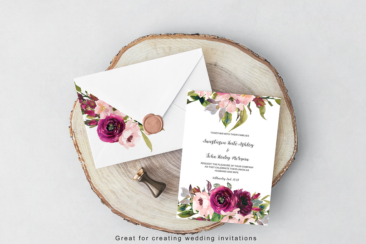 Burgundy & Blush Flowers & Crests in Illustrations - product preview 8