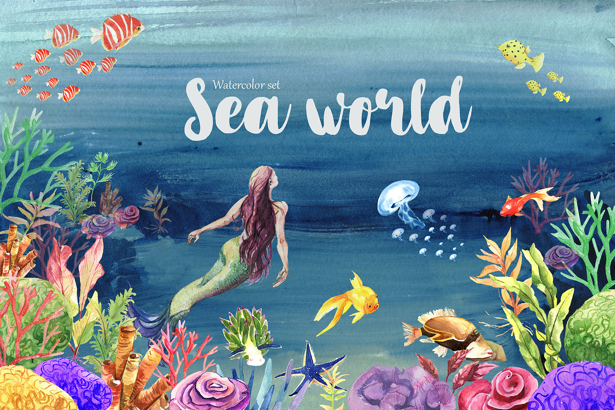 Sea World Watercolor Clipart in Illustrations - product preview 8