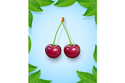 Two Cherries with green leaf. Fresh.