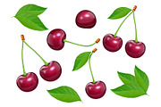 Set of Cherries with green leaf.