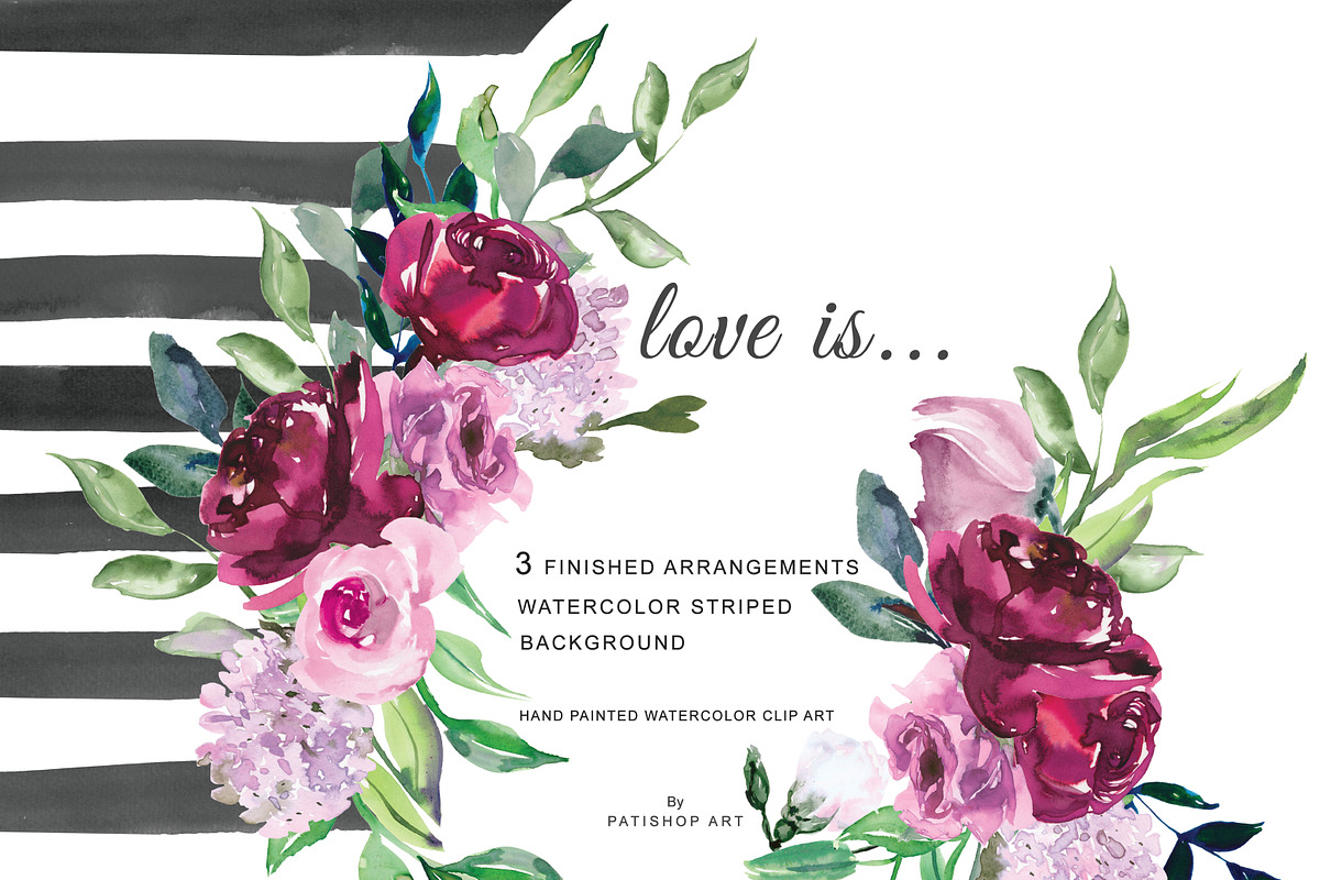 Watercolor Marsala and Pink Flowers in Illustrations - product preview 8
