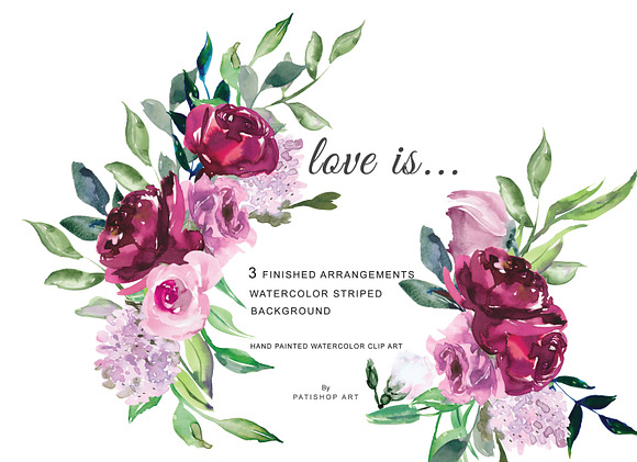 Watercolor Marsala and Pink Flowers in Illustrations - product preview 1
