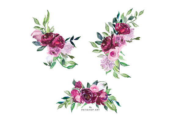 Watercolor Marsala and Pink Flowers in Illustrations - product preview 3
