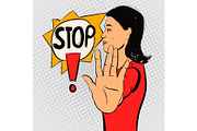 Brunette woman gesturing stop sign.