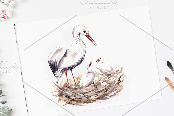 Storks Watercolor Clip Art and Print in Illustrations - product preview 1
