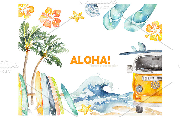 Surfing watercolor clipart set