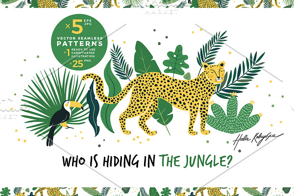 Leopards and jungle seamless pattern