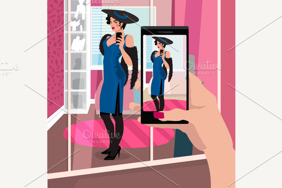 Selfie woman in evening dress in Illustrations - product preview 8