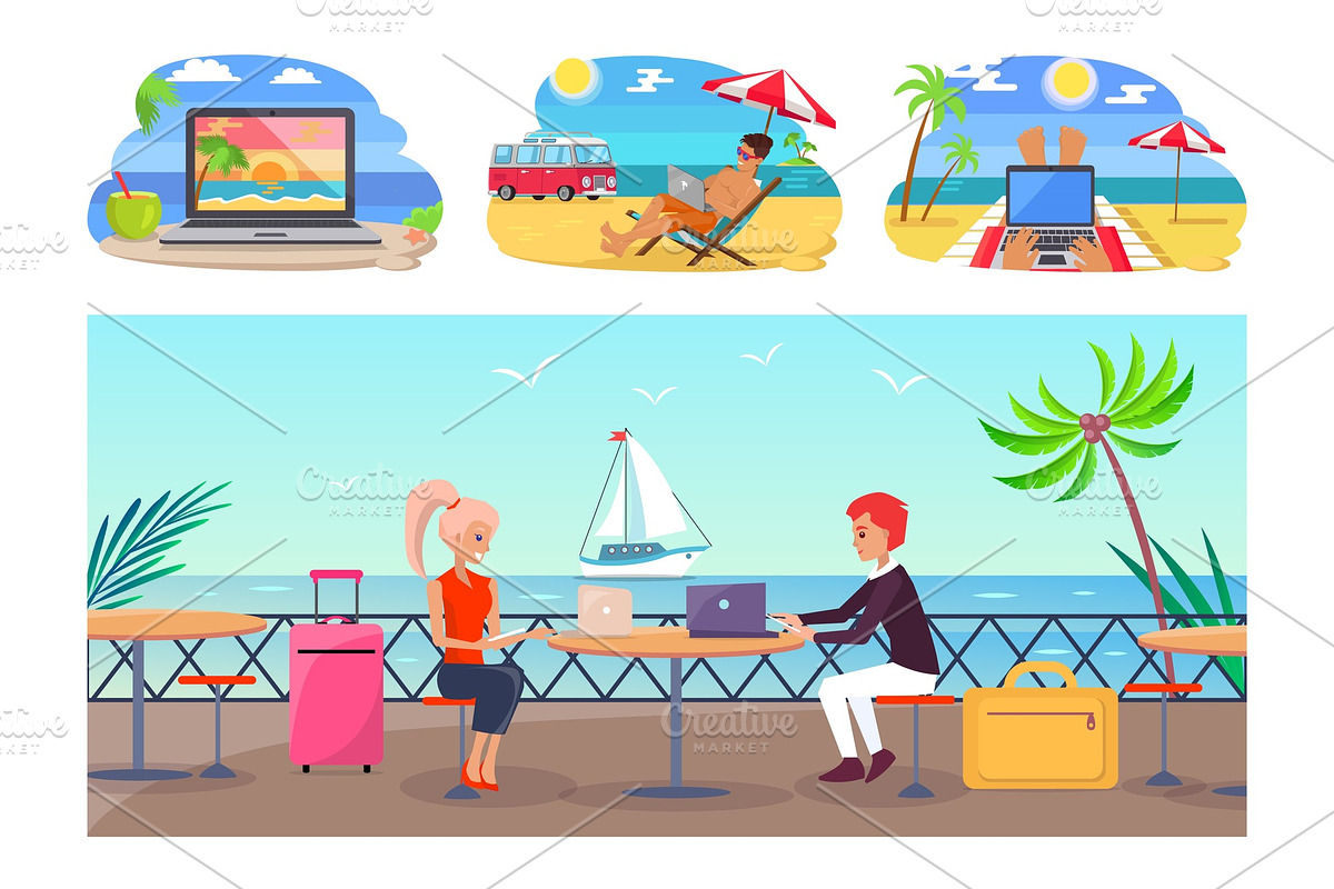 Freelance Workers with Laptop at in Illustrations - product preview 8
