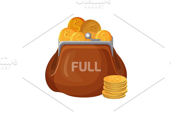 Brown leather wallet icon full of