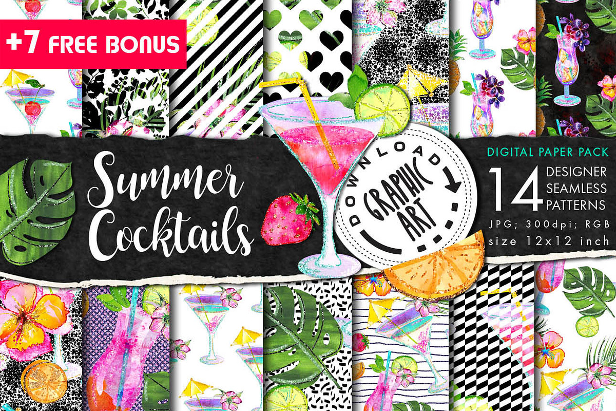 Summer cocktails seamless pattern in Patterns - product preview 8