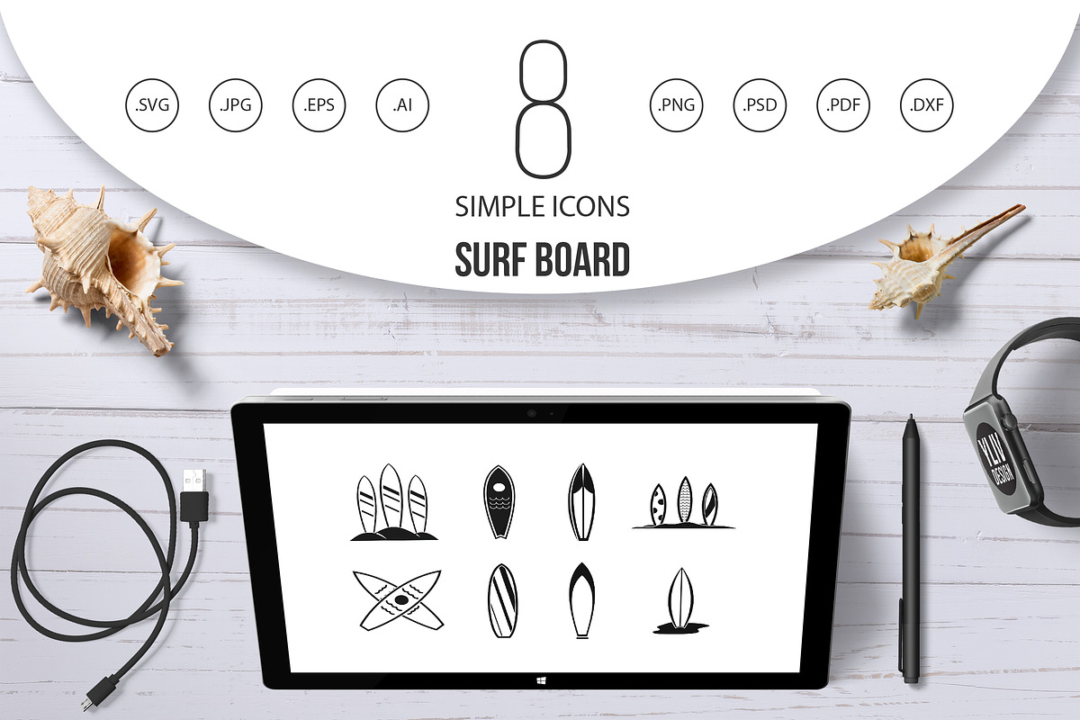 Surf board icon set, simple style in Icons - product preview 8