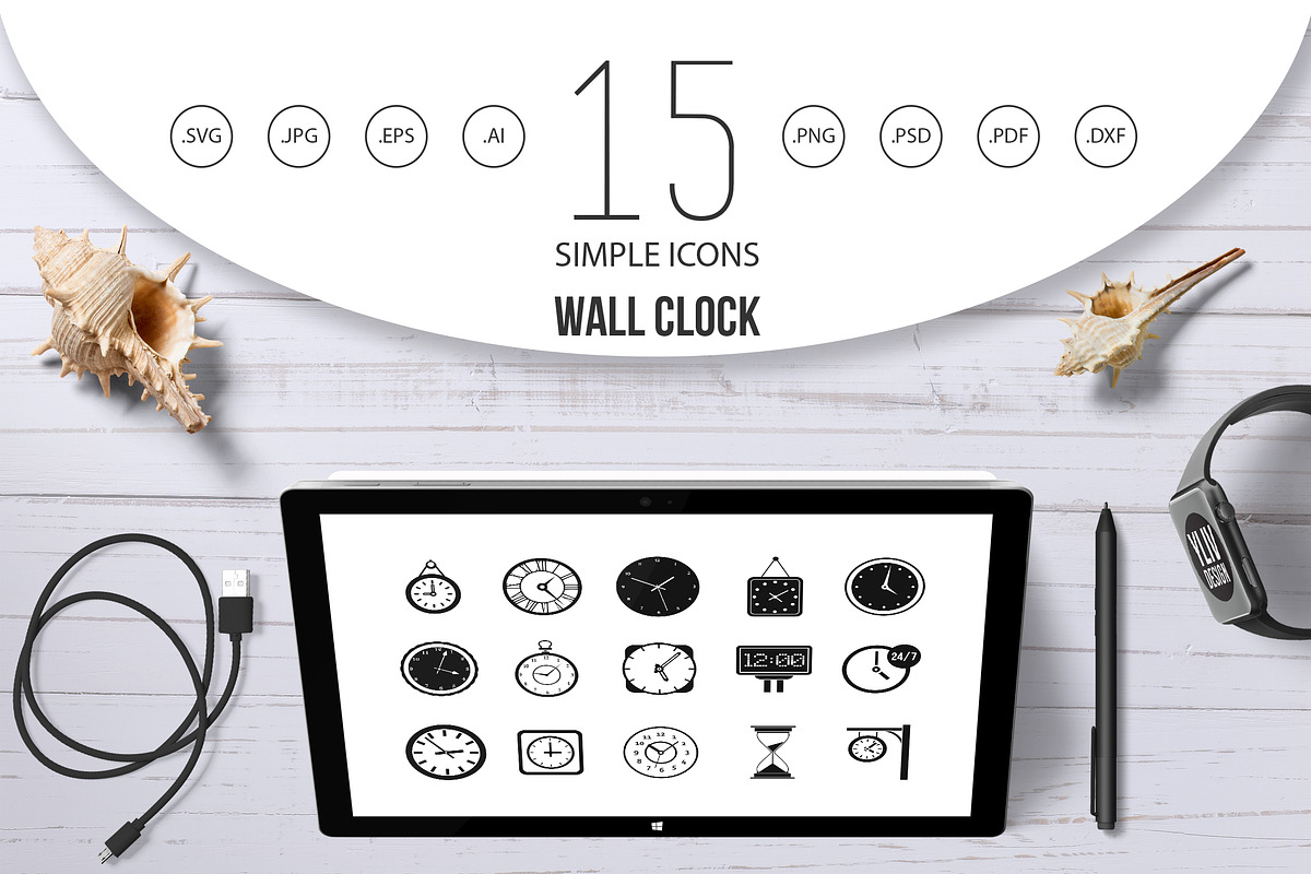 Wall clock icon set, simple style in Graphics - product preview 8