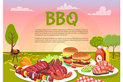 BBQ Picnic on Cute Meadow, Vector